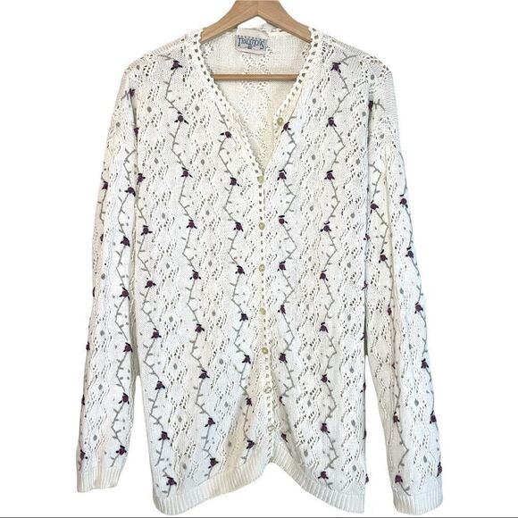Vintage Northern Traditions Pointelle Knit  Floral Embroidered Cardigan - Picture 1 of 11